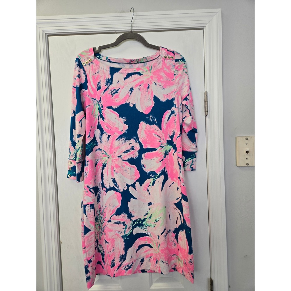 Lilly Pulitzer Pink Navy Floral 3/4 Sleeve Shift Dress Gold Buttons M Preppy